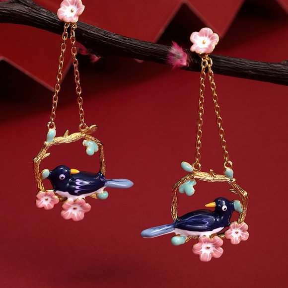 Gold Vermeil Gold layered over Sterling Silver Enamel Bird Necklace flower Chain - Picture 4 of 5